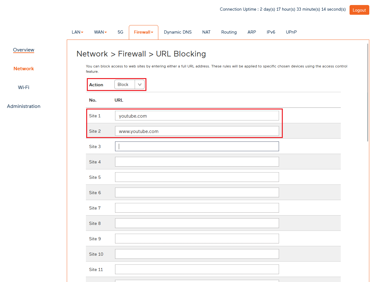 Wi-Fi Max 5G - URL Blocking - Add URL