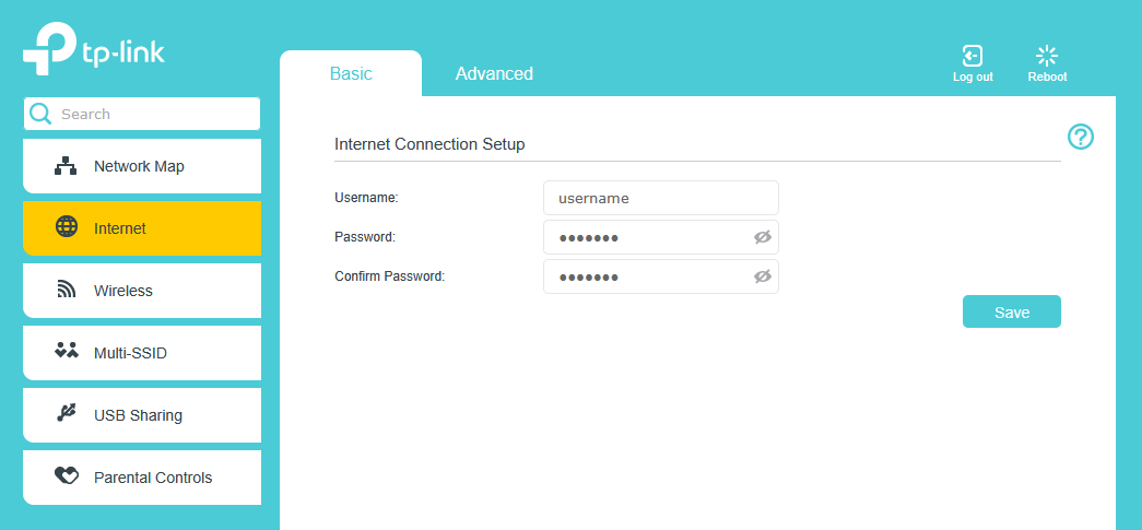 Screenshot The layout of settings varies across different modems. In this example, the Internet Connection Setup is found on an Internet > Basic page, with text boxes for Username, Password and Confirm Password.