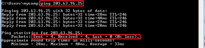 Command Prompt ping test results - successful