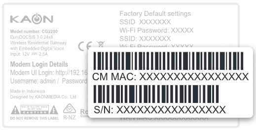 Cable Gateway Pro CG2200 barcode sticker - MAC and S/N