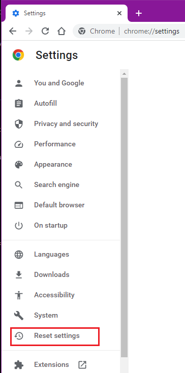Chrome - Reset settings