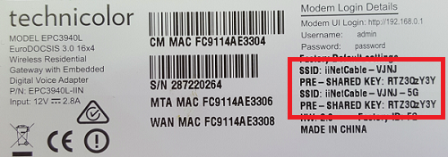 Cable Gateway Pro EPC3940L barcode sticker example - WiFi details