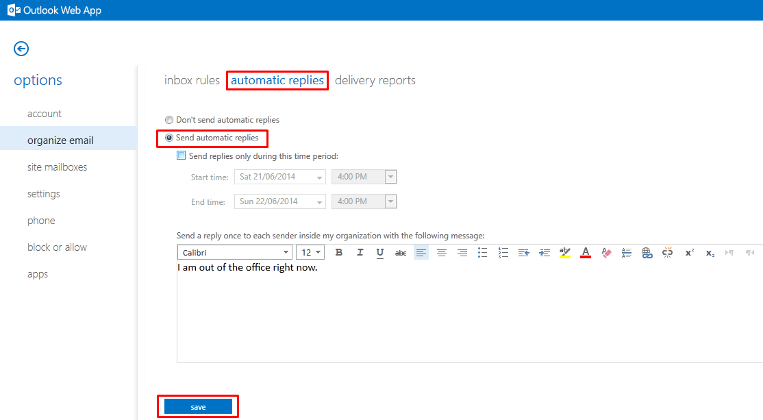 Outlook Web Access - out of office reply 2