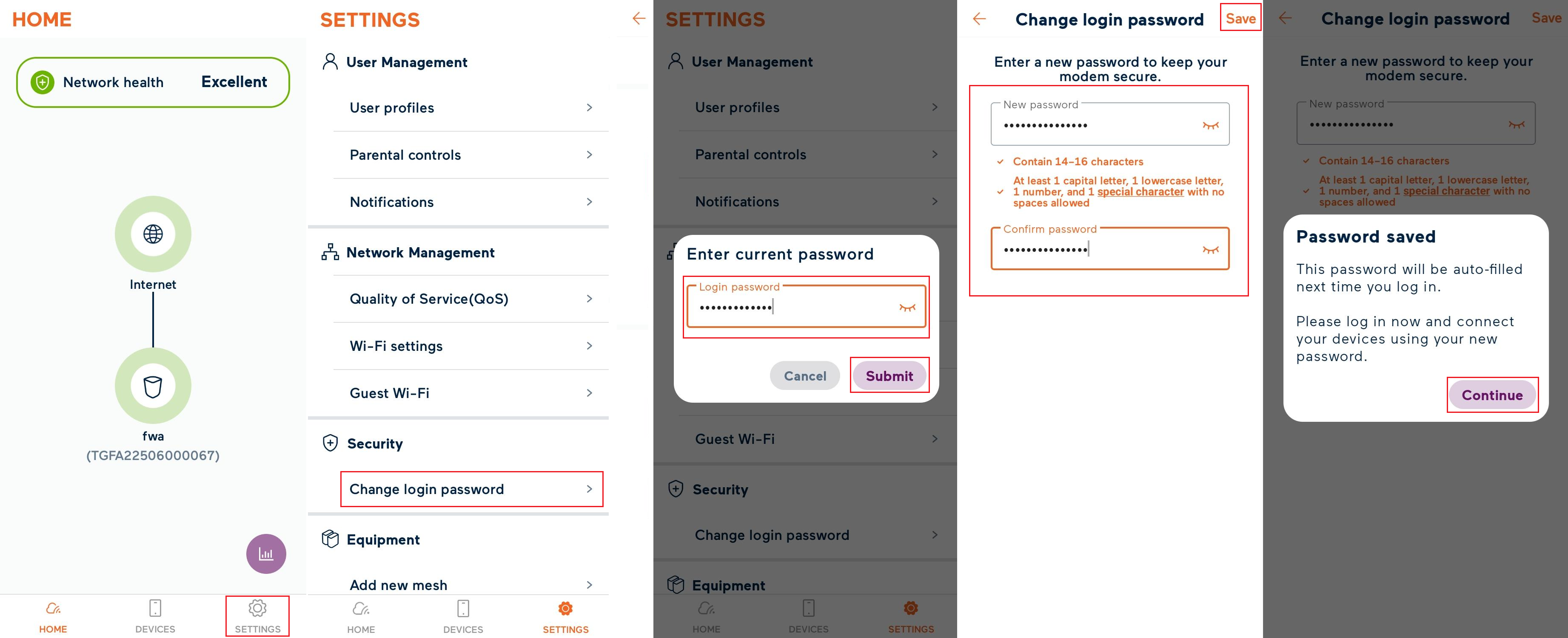 Screenshot My Internet Connect app modem login password settings