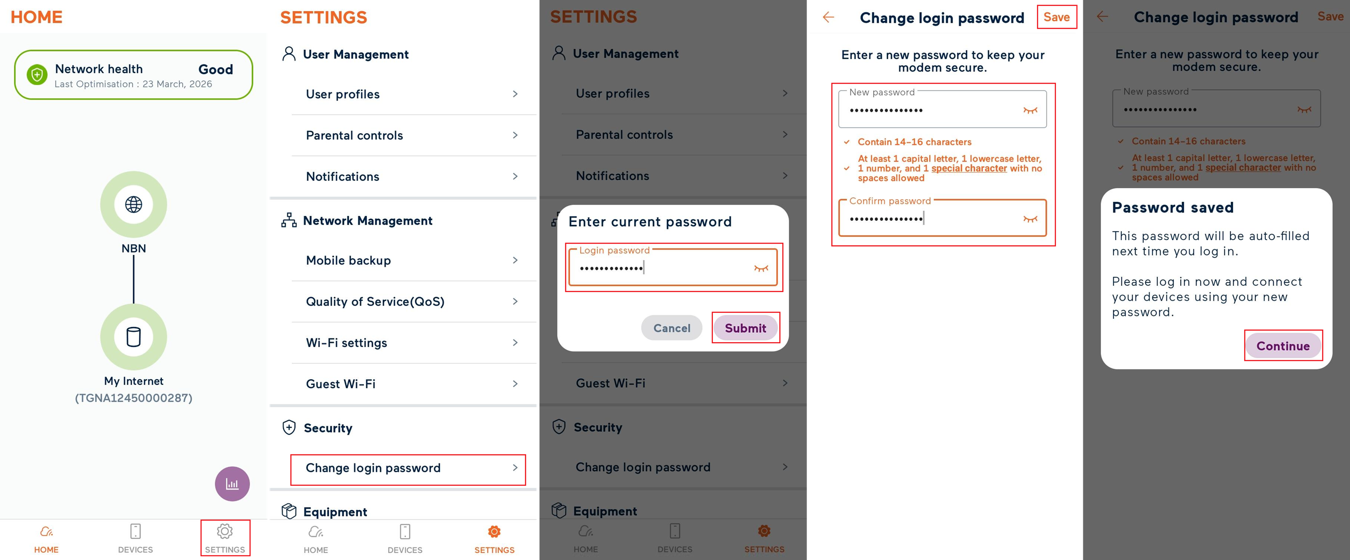Screenshot My Internet Connect app modem login password settings