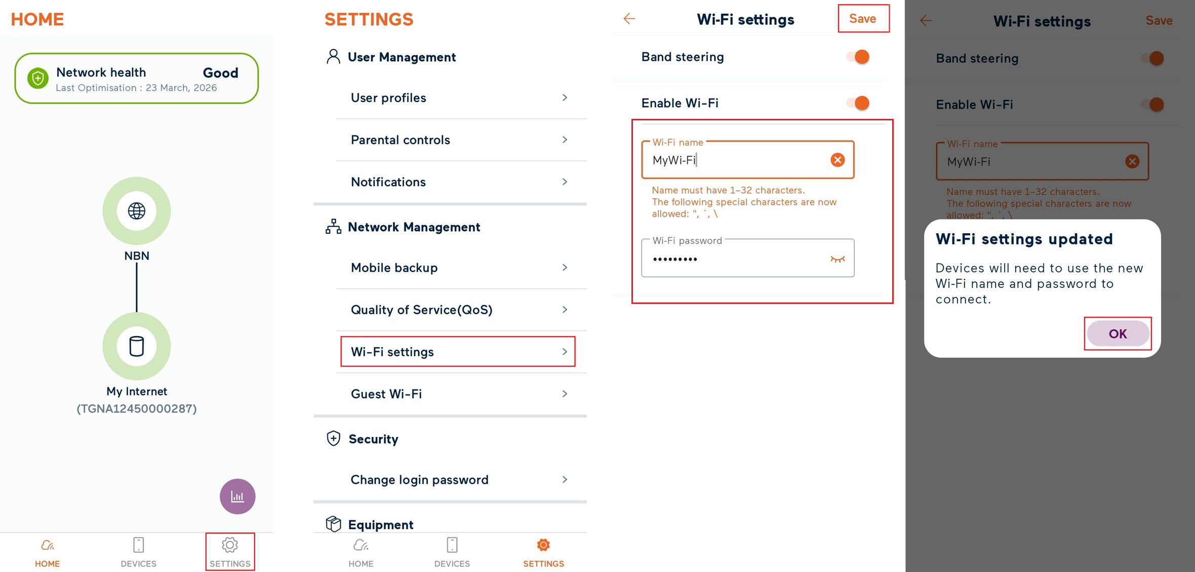 Screenshot My Internet Connect app Wi-Fi password settings