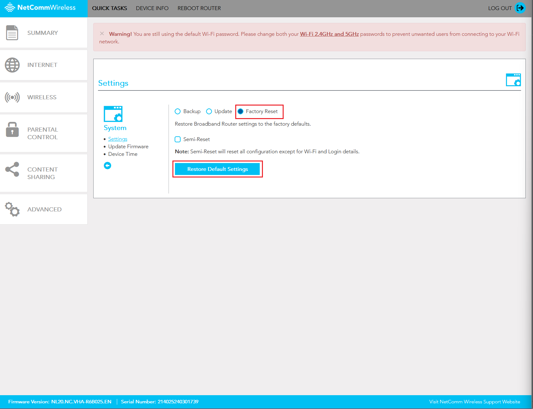 Screenshot Netcomm NL20 Factory Reset Settings