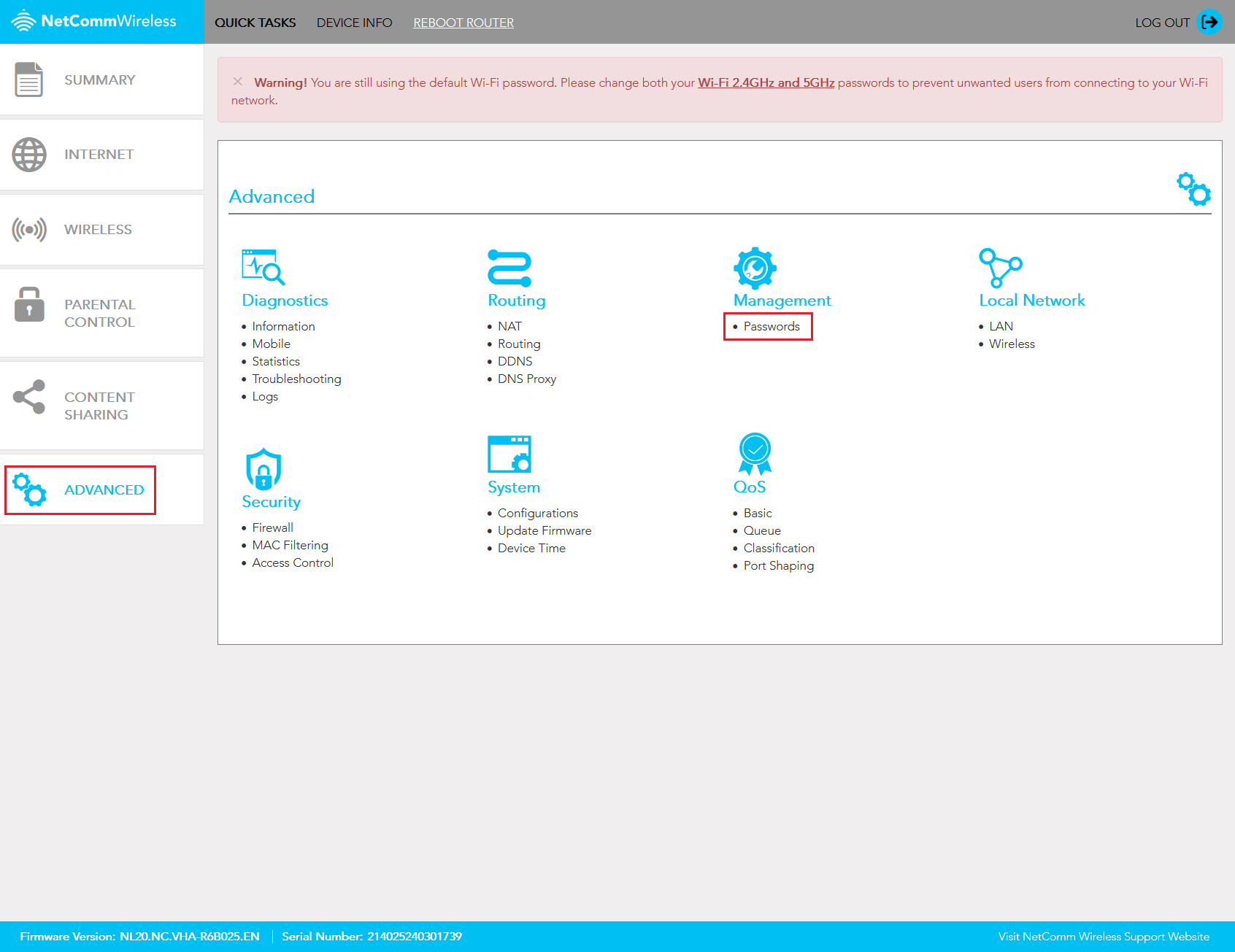Netcomm NL20 Modem Password Settings