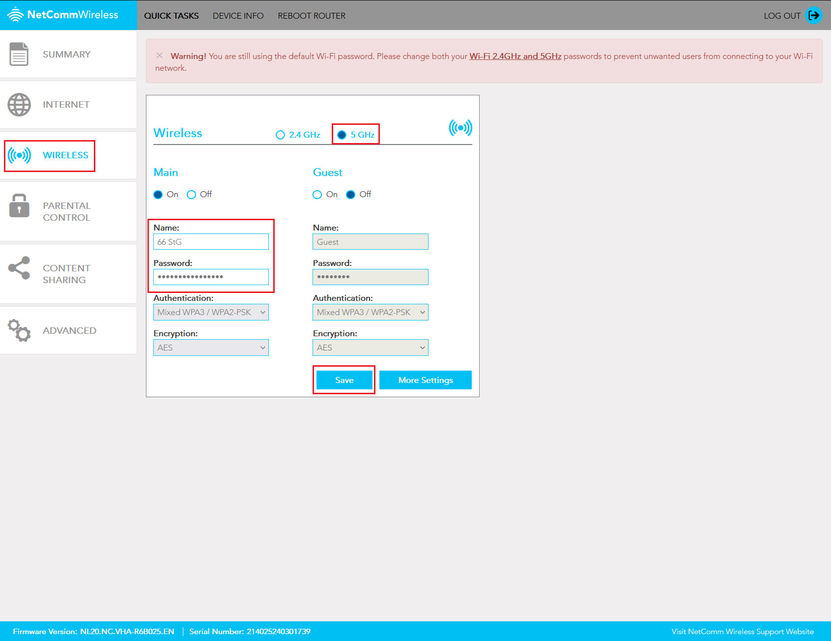Screenshot NetComm NL20 Wi-Fi Password Settings