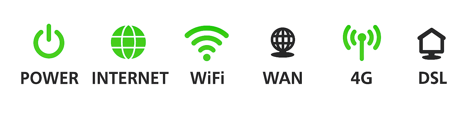 Diagram NetComm NL20 Lights - from left to right: Power, Internet, WiFi, WAN, 4G, DSL