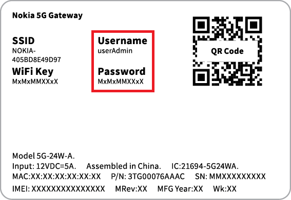 Nokia 5G Modem barcode sticker - Login details