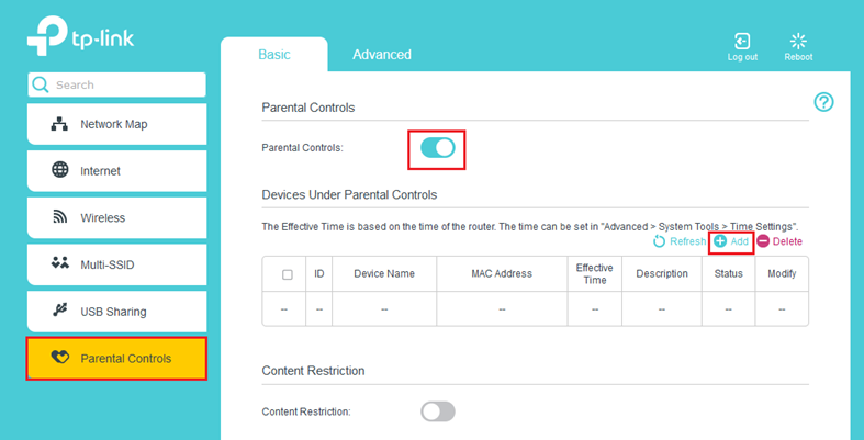 Smart Modem Gateway - Parental Control settings