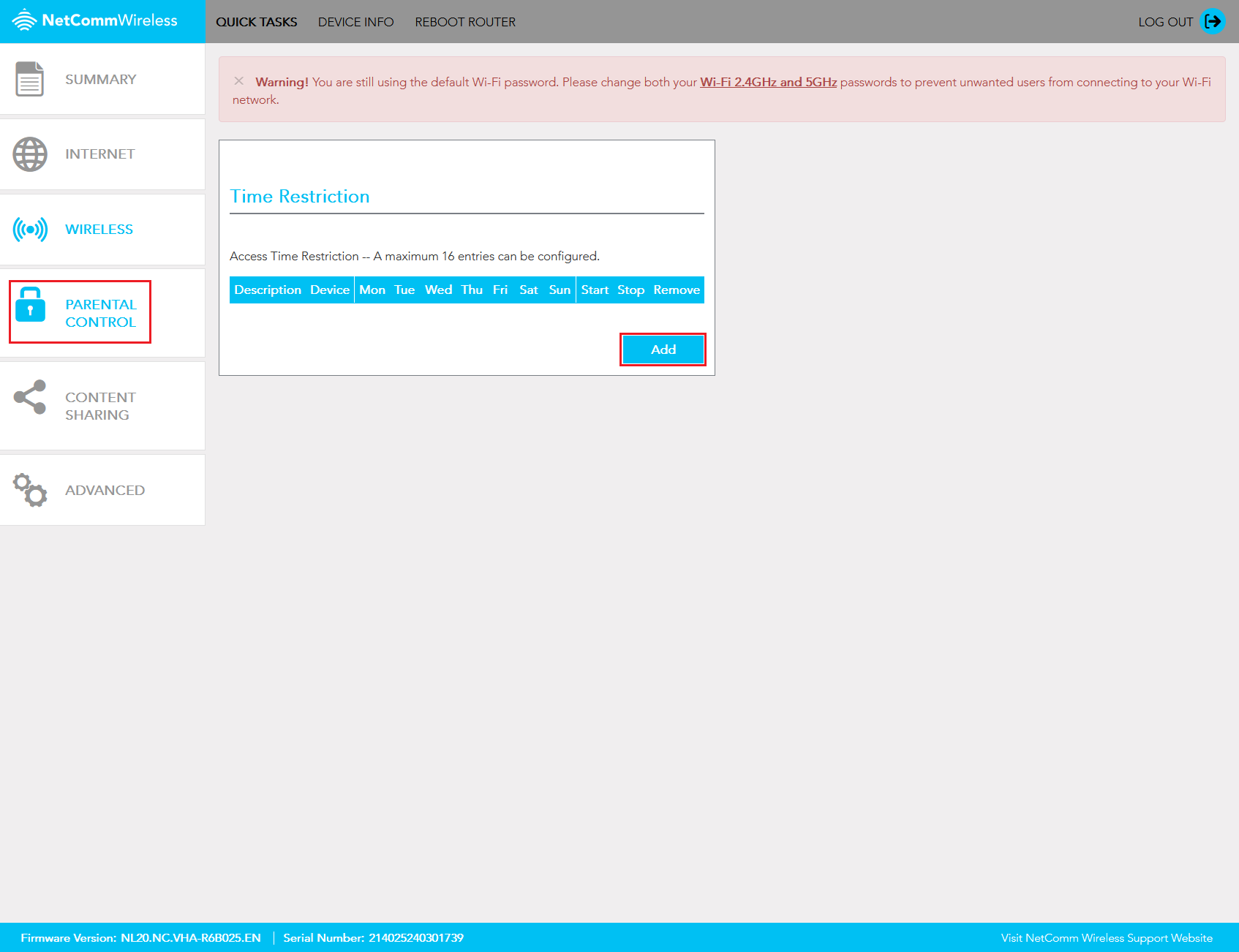 Screenshot Netcomm NL20 Parental Control Settings