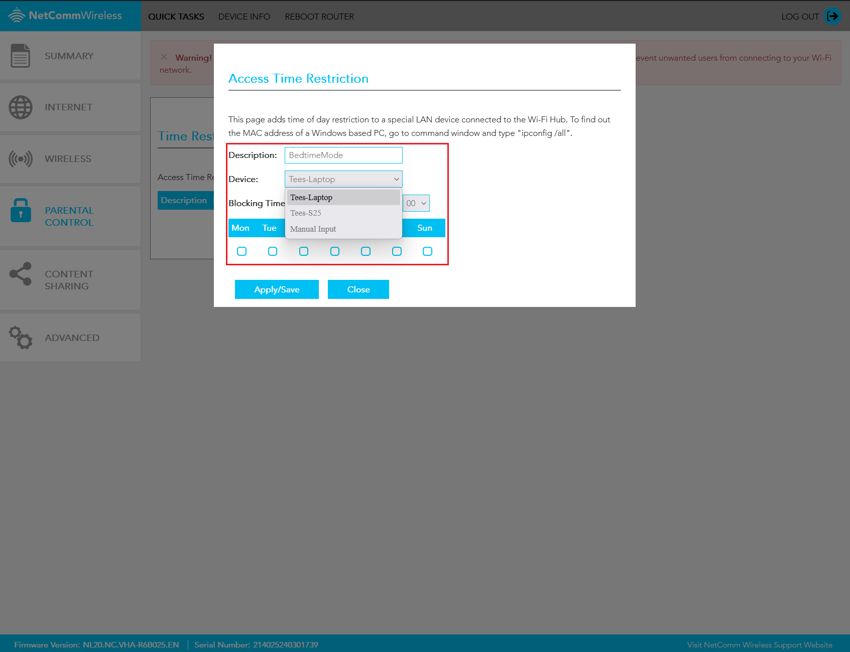 Screenshot Netcomm NL20 Parental Control Settings