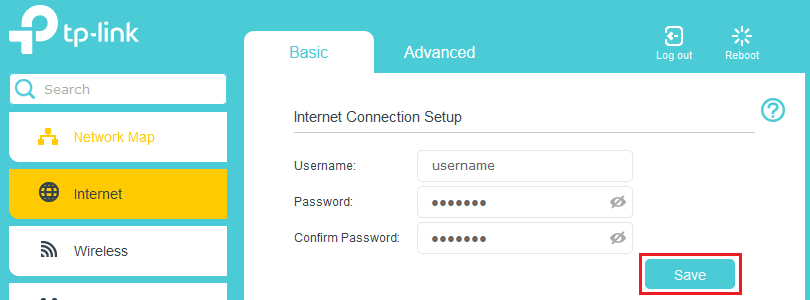 TP-Link modem PPPoE enter username and password