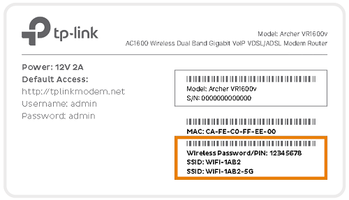 TP-Link VR1600v barcode sticker example - WiFi details