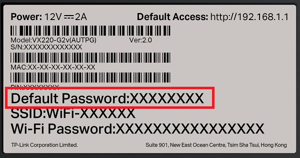VX220-G2V Modem barcode sticker - default password