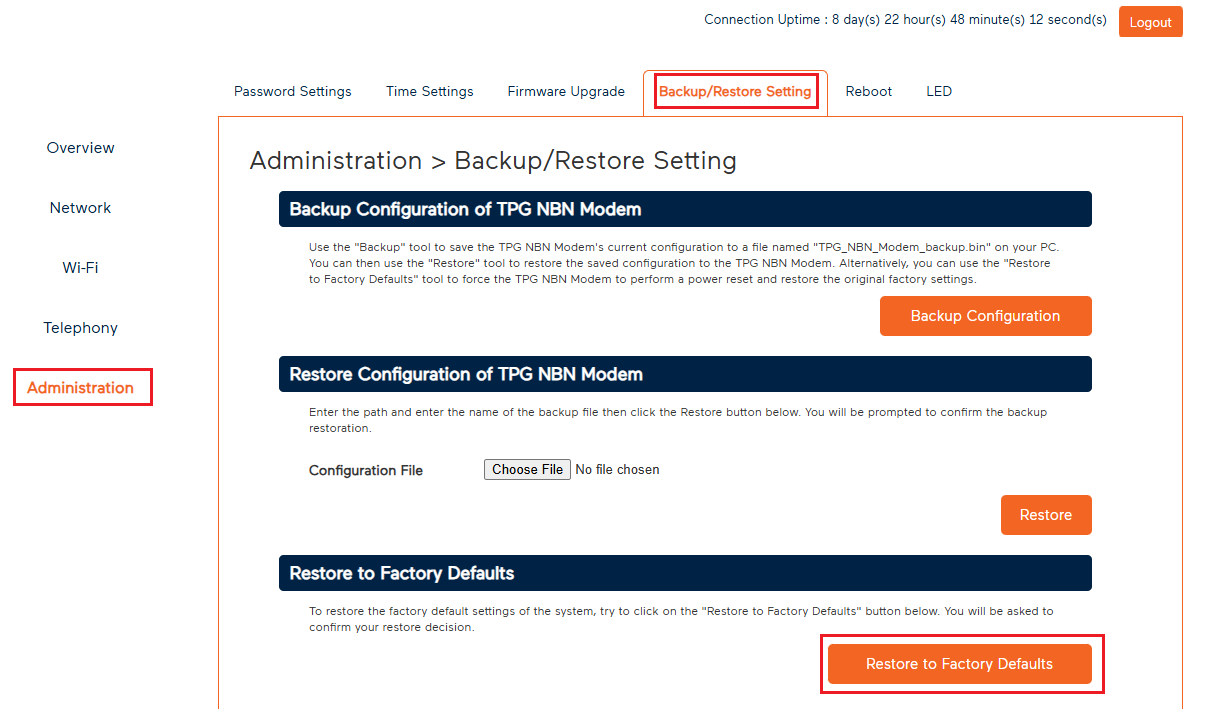 Modem Administration - Backup/Restore Setting