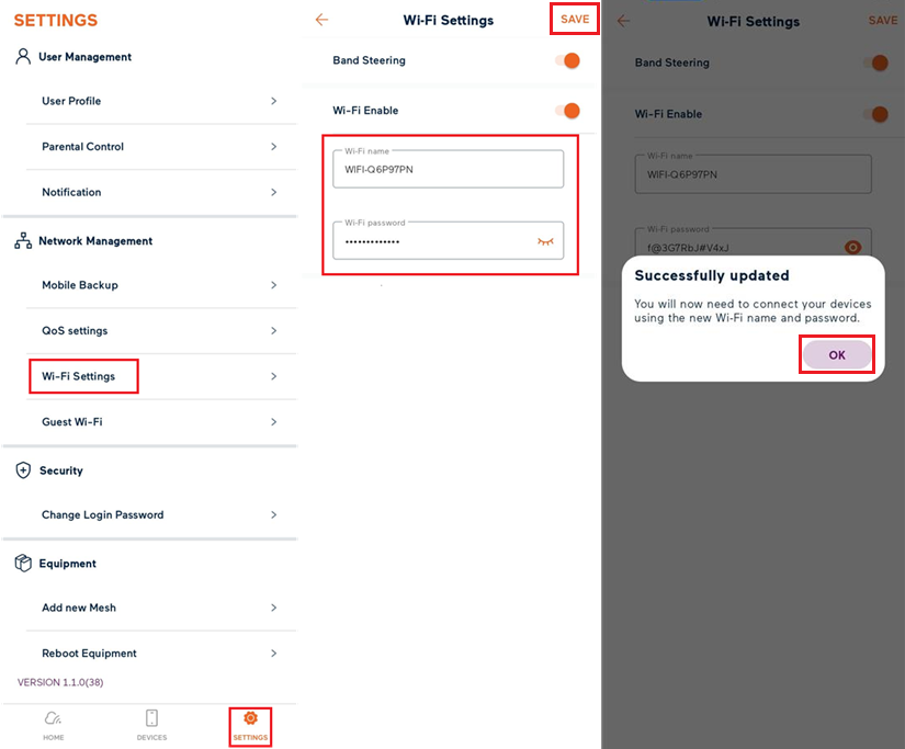 My Internet Connect app Wi-Fi Password settings
