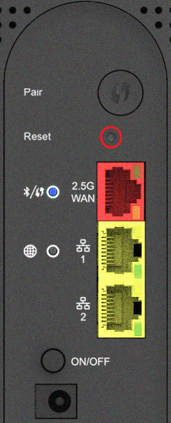 Wi-Fi Max 5G Reset button - Located above the 3 Ethernet ports, below the larger Pair button.