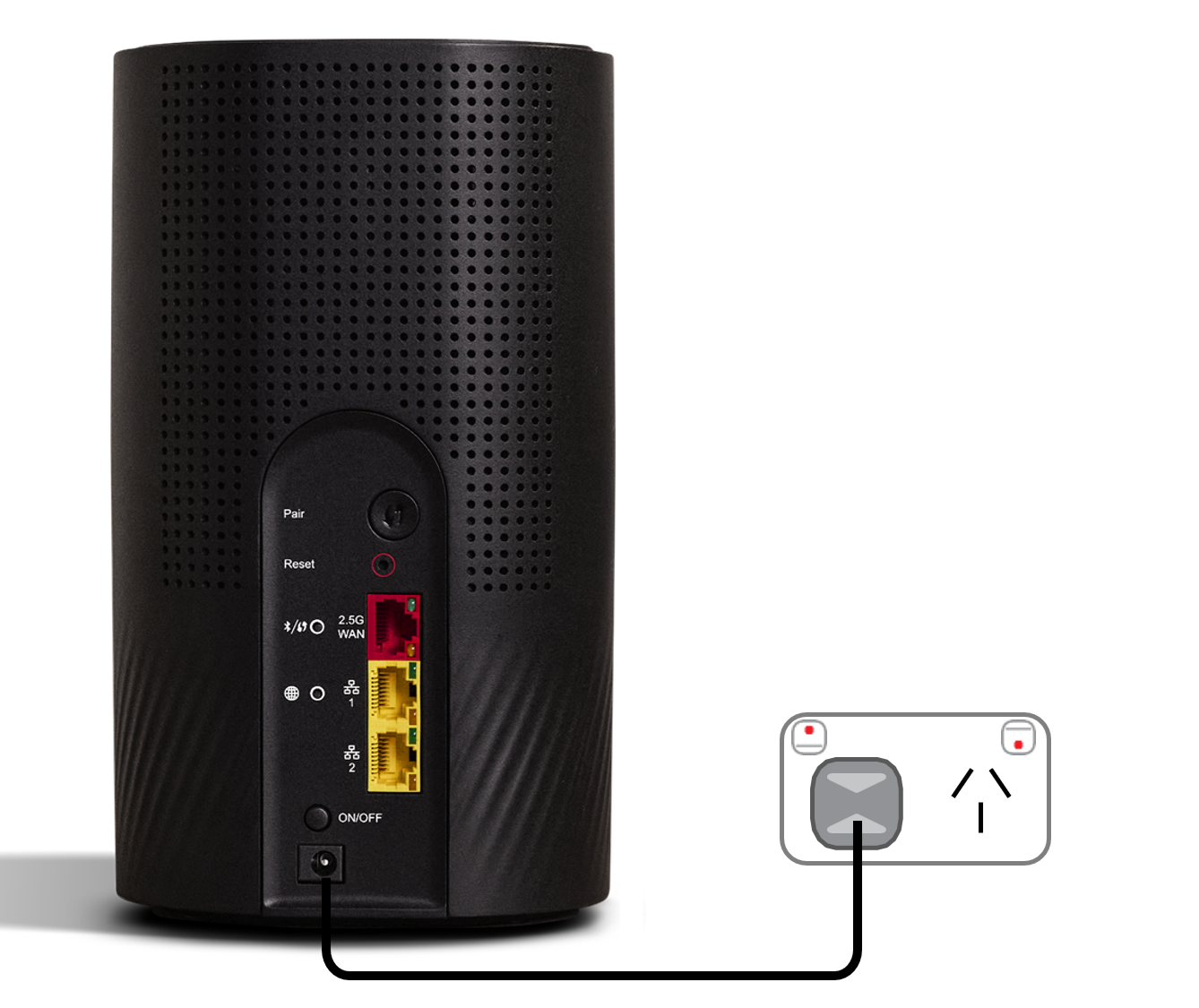 Diagram Diagram showing Wi-Fi Max 5G Modem's power cable connected to a power outlet. From base to top, ports are power port, on/off button, LAN 2, LAN 1, 2.5G WAN, reset button and WPS Pair button.