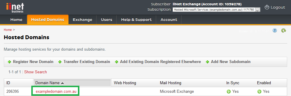 Hosting Control Panel - Domain selection