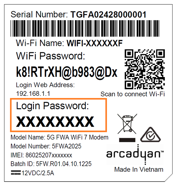 Diagram Example of Wi-Fi Max 5G Modem barcode sticker with Login Password highlighted