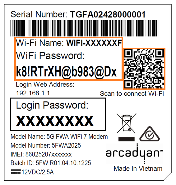 Diagram Example of Wi-Fi Max 5G Modem barcode sticker. The Wi-Fi Name and Wi-Fi Password is printed below the barcode. The “Scan to connect to Wi-Fi” QR code is on the right-hand side