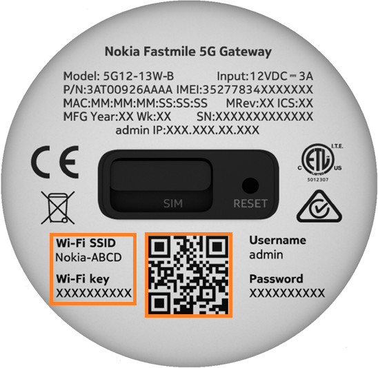 Diagram of the Nokia FastMile Modem's base. The Wi-Fi Name and Wi-Fi Password is printed below the SIM slot, to the right of the QR code, written as "Wi-Fi SSID" and "Wi-Fi Key". 