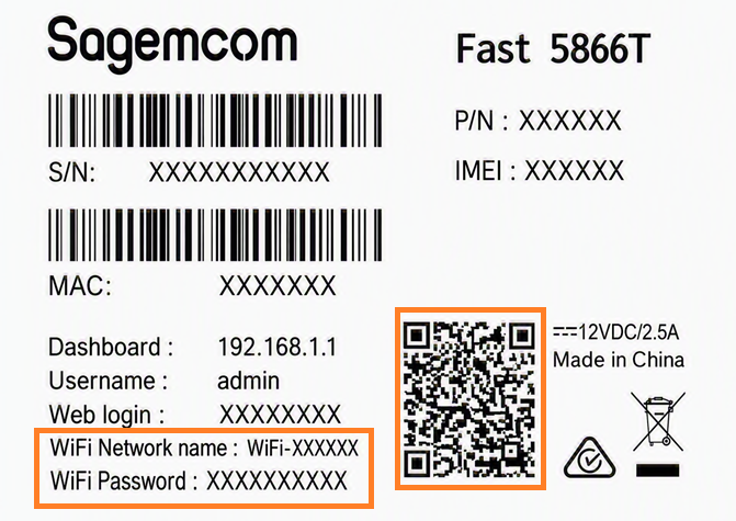Diagram of the barcode sticker. The Wi-Fi Network Name and Wi-Fi Password are printed below the barcode. The Wi-Fi QR code is beside these details on the right.