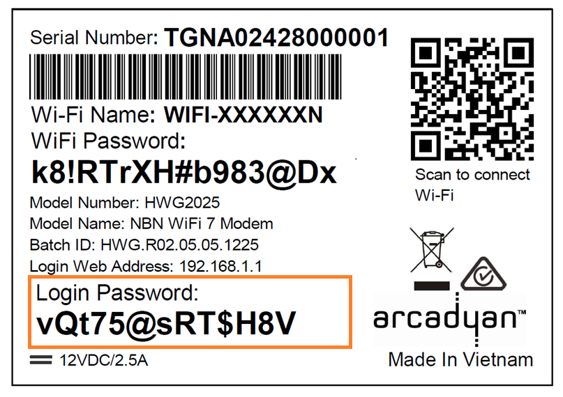 Diagram The Wi-Fi Max Modem Login password is printed on the lower left-hand side of the sticker