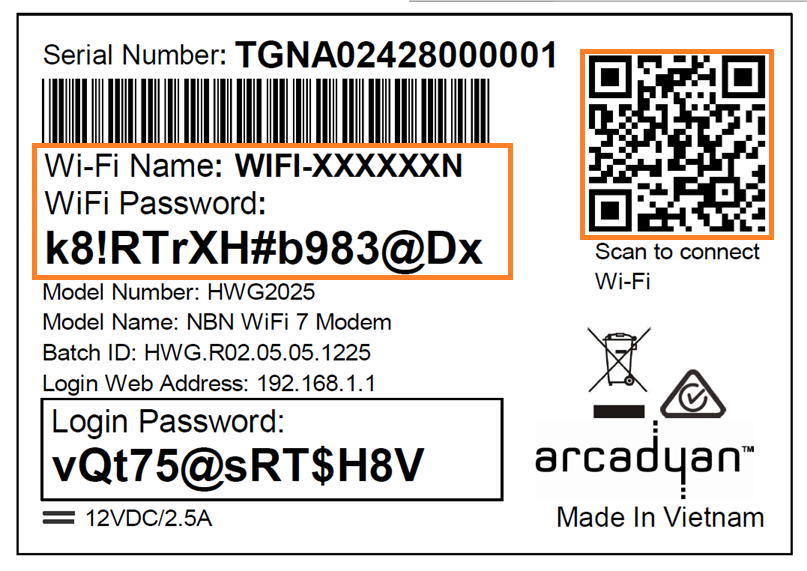 The Wi-Fi Max Modem barcode sticker has the Wi-Fi Name and Wi-Fi Password printed below the barcode. The QR code to connect to WiFi is on the upper right-hand side of the sticker.