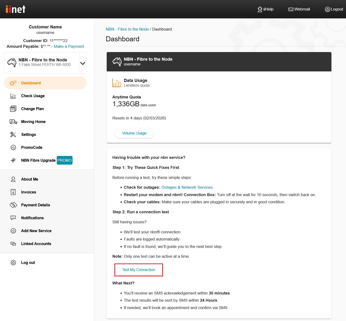 Screenshot Toolbox NBN Service Test