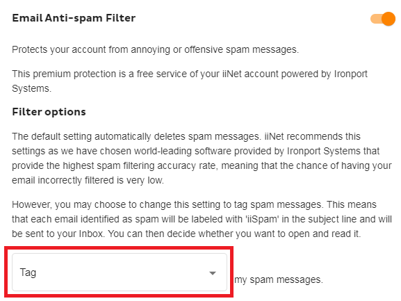 Toolbox email settings - spam tagging