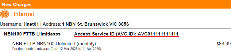 iiNet invoice example 1 - nbn AVC ID