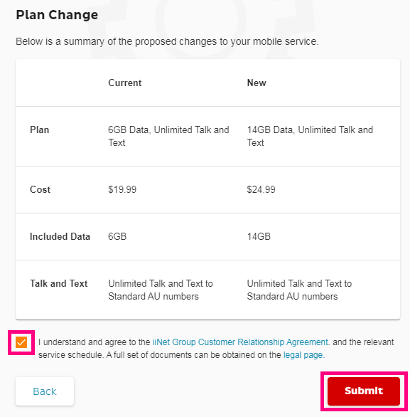 iiNet Toolbox Mobile Change Plan confirmation