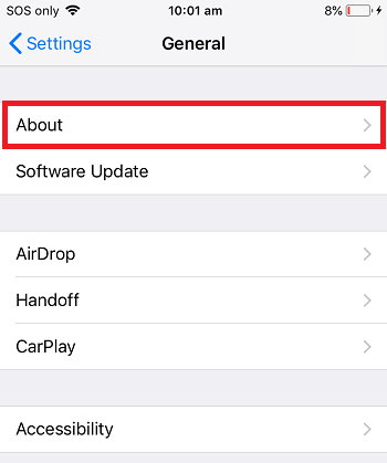 iPhone About settings