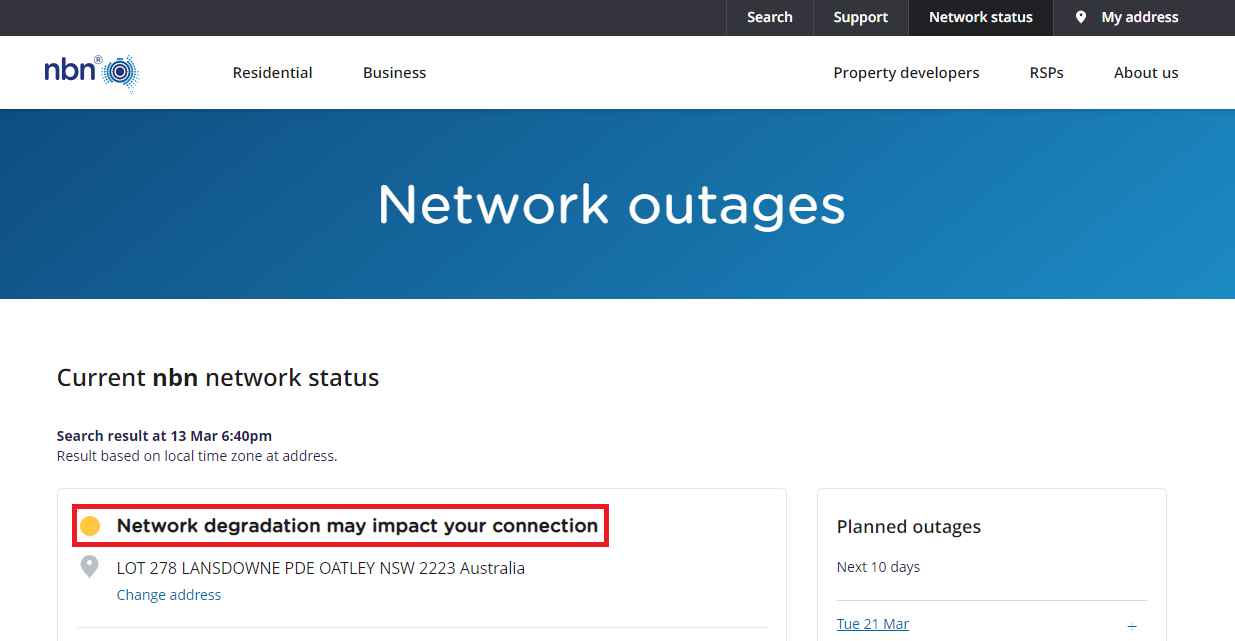 nbn Network Status - Example network degradation