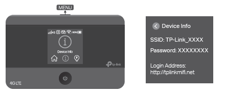 Pocket Wi-Fi 5 Menu button located on top edge of device and Power button located beneath screen on front face of the device. After selecting Device info through the menu, it will show SSID, Password, and Login Address http://tplinkmifi.net 