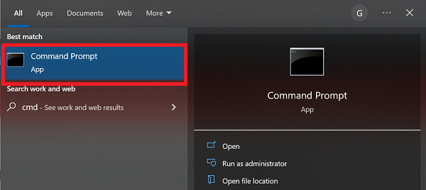 Windows 10 Search results for "cmd"
